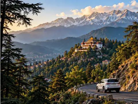 White vehicle traveling on a mountain road overlooking a hillside monastery and snow-covered peaks.